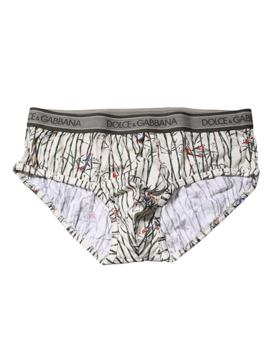 Dolce & Gabbana Elfenbeinfarbener Vogel-Druck Baumwolle Regular Slip Unterwäsche