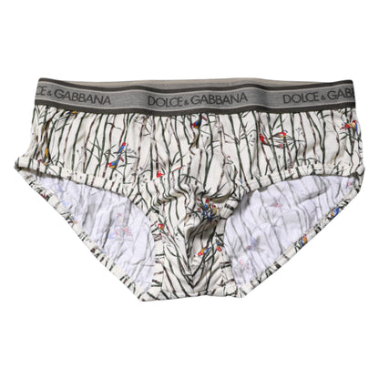 Dolce & Gabbana Elfenbeinfarbener Vogel-Druck Baumwolle Regular Slip Unterwäsche