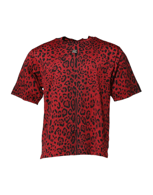 Dolce & Gabbana Rotes Baumwoll-Leoparden-T-Shirt mit kurzen Ärmeln