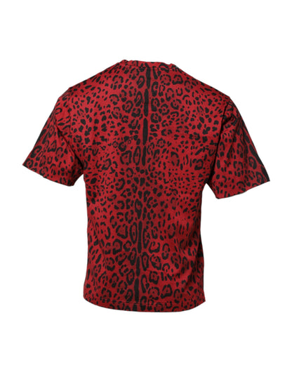 Dolce & Gabbana Rotes Baumwoll-Leoparden-T-Shirt mit kurzen Ärmeln