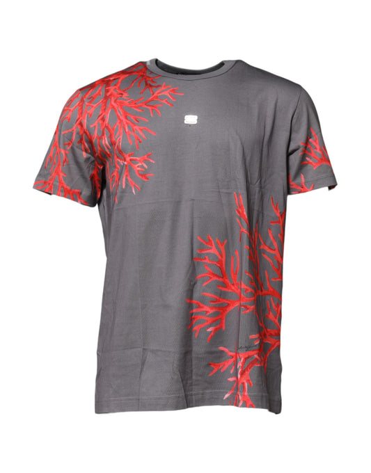 Dolce & Gabbana Graues Baumwoll-T-Shirt mit Korallendruck und Logo-Plakette