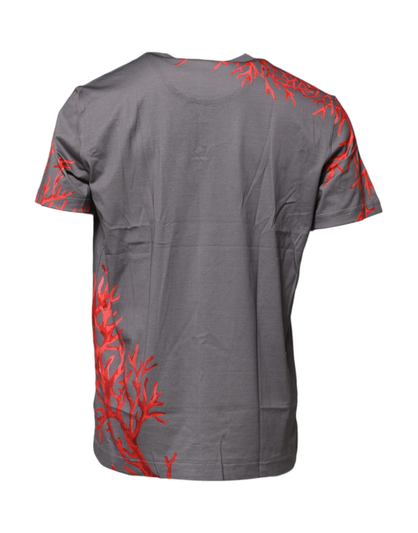 Dolce & Gabbana Graues Baumwoll-T-Shirt mit Korallendruck und Logo-Plakette