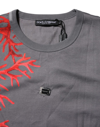 Dolce & Gabbana Graues Baumwoll-T-Shirt mit Korallendruck und Logo-Plakette
