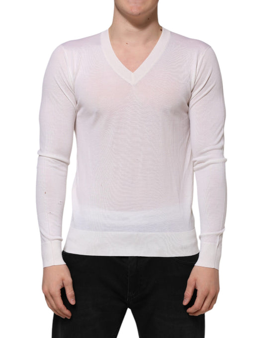 Dolce & Gabbana Weißer Kaschmir-Logo-Pullover mit V-Ausschnitt