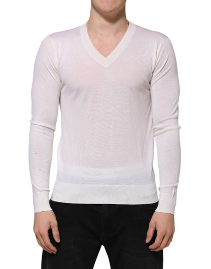 Dolce & Gabbana Weißer Kaschmir-Logo-Pullover mit V-Ausschnitt