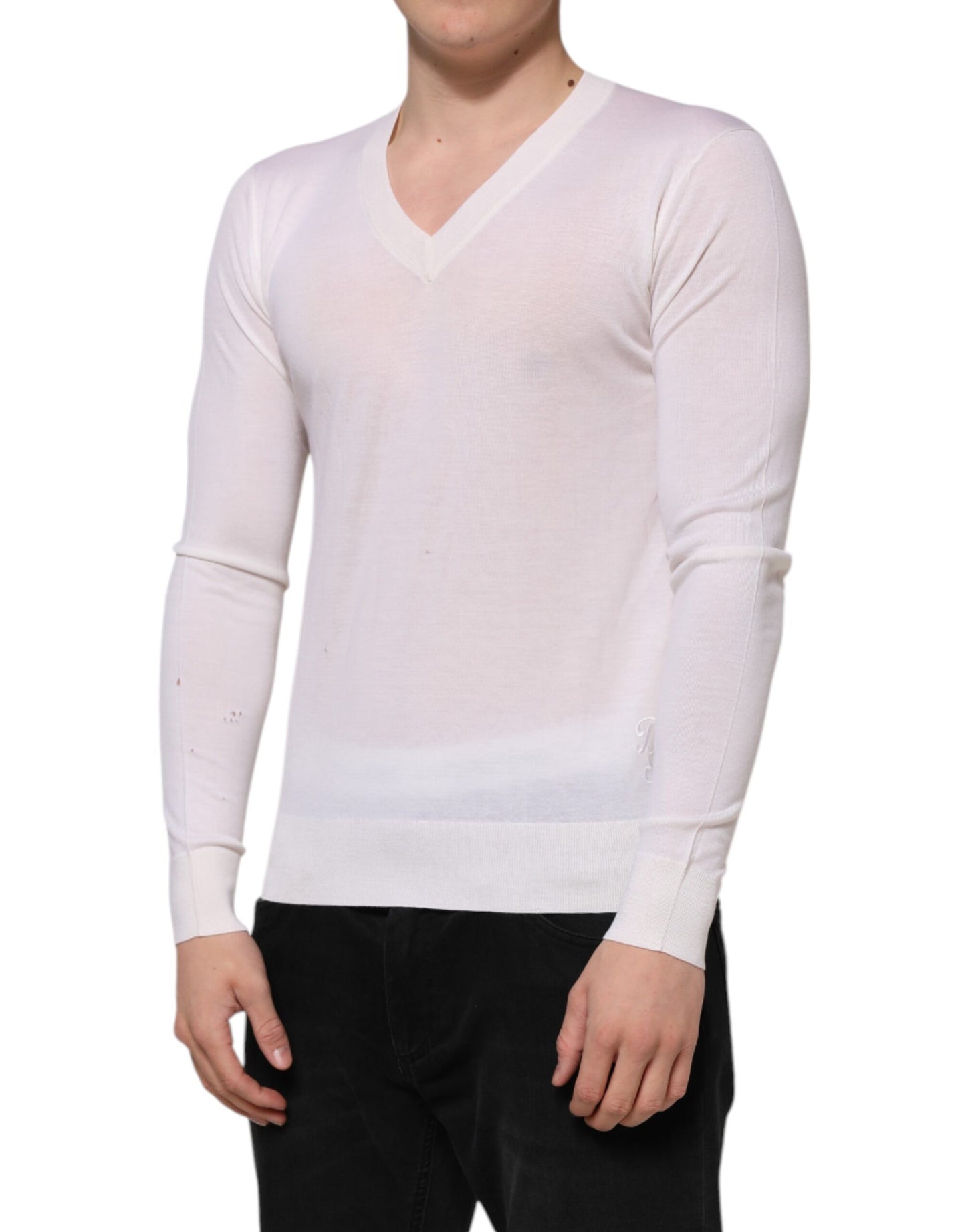 Dolce & Gabbana Weißer Kaschmir-Logo-Pullover mit V-Ausschnitt