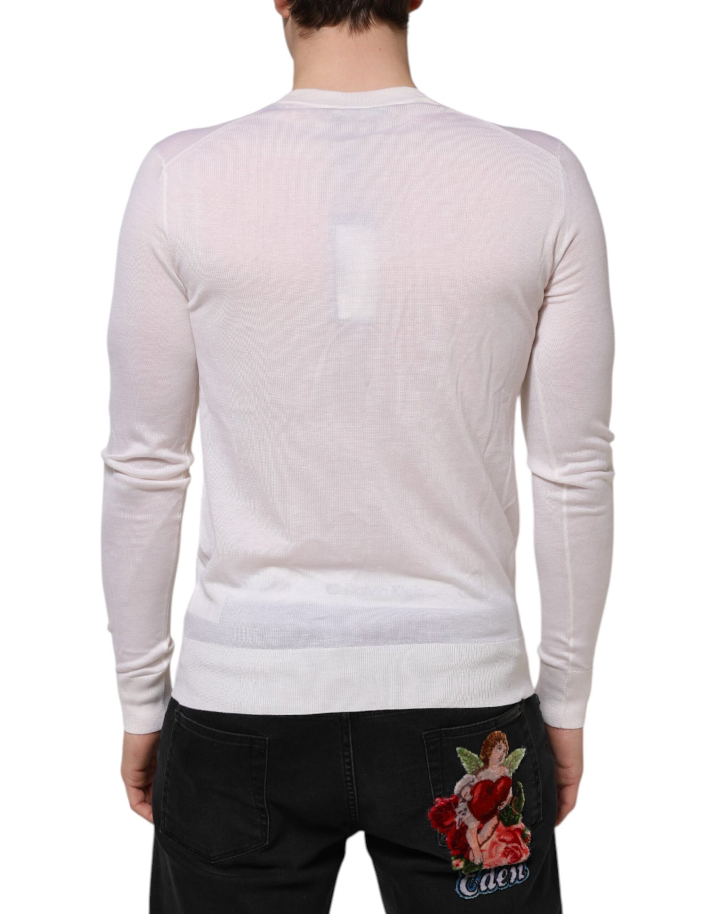 Dolce & Gabbana Weißer Kaschmir-Logo-Pullover mit V-Ausschnitt