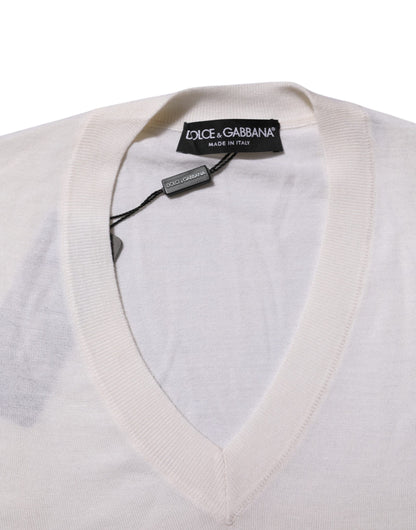 Dolce & Gabbana Weißer Kaschmir-Logo-Pullover mit V-Ausschnitt