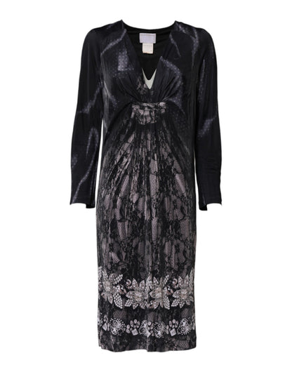 Roberto Cavalli Schwarzes geblümtes Viskose-Midikleid