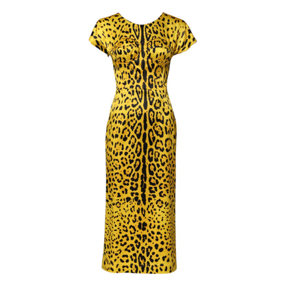 Dolce & Gabbana Gelbes Polyester-Leopard-Midi-Etuikleid