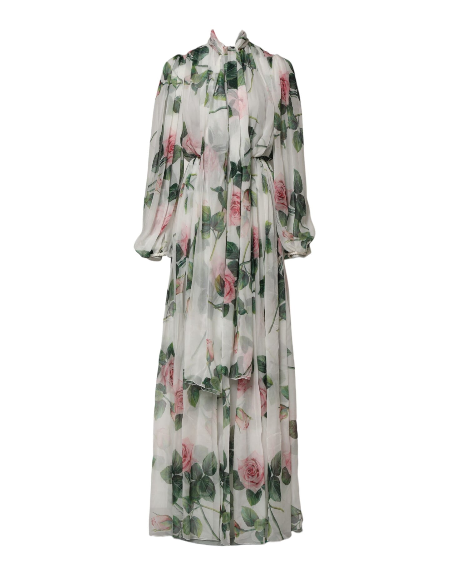 Dolce & Gabbana Weißes geblümtes Rosen Seiden Maxikleid langes Kleid