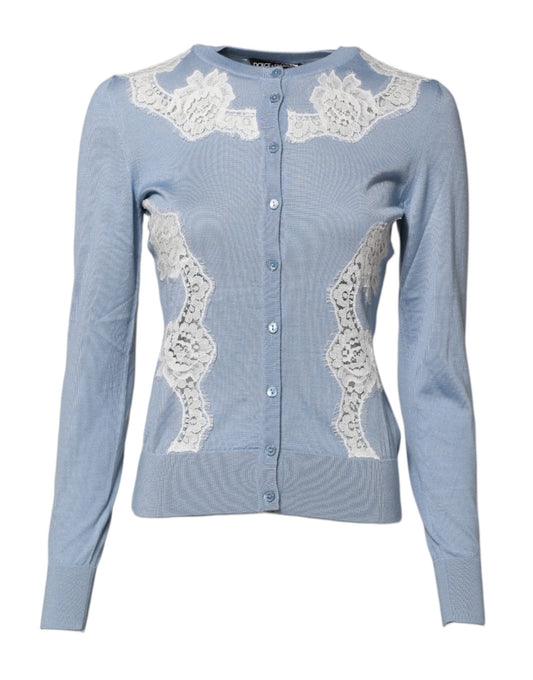 Dolce & Gabbana Blaue Strickjacke mit floralen Spitzenverzierungen
