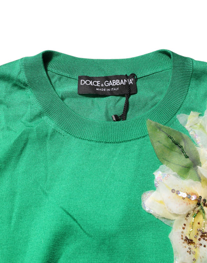 Dolce & Gabbana Grüner Seidenpullover mit Blumendetails