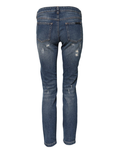 Dolce & Gabbana Blaue Spielkarten-Stickerei Skinny Denim Jeans
