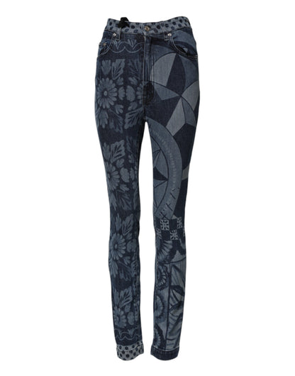 Dolce & Gabbana Blaue Grafikdruck-Baumwoll-Skinny-Denim-Jeans