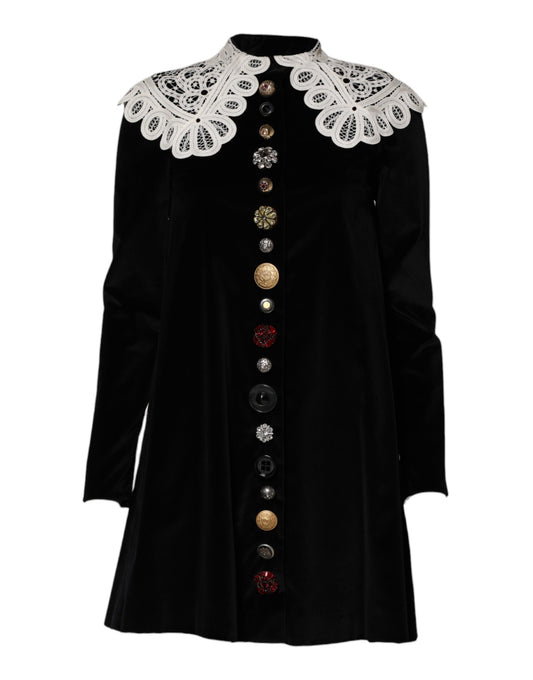 Dolce & Gabbana Schwarzes Kleid mit Spitzenkragen und Verzierungen aus Samt