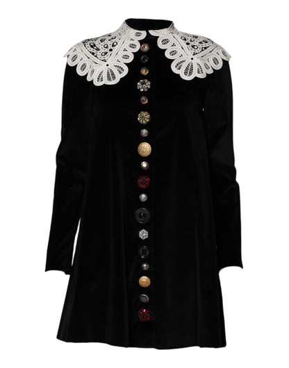 Dolce & Gabbana Schwarzes Kleid mit Spitzenkragen und Verzierungen aus Samt