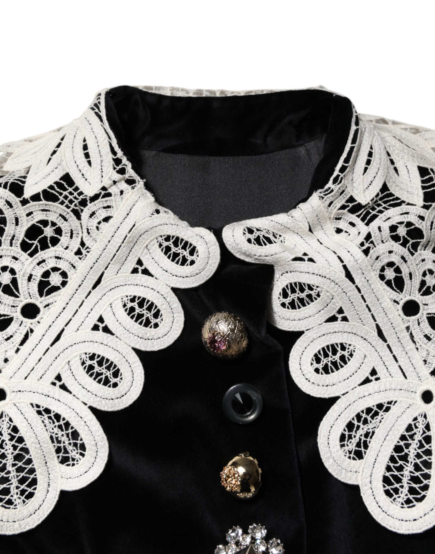 Dolce & Gabbana Schwarzes Kleid mit Spitzenkragen und Verzierungen aus Samt
