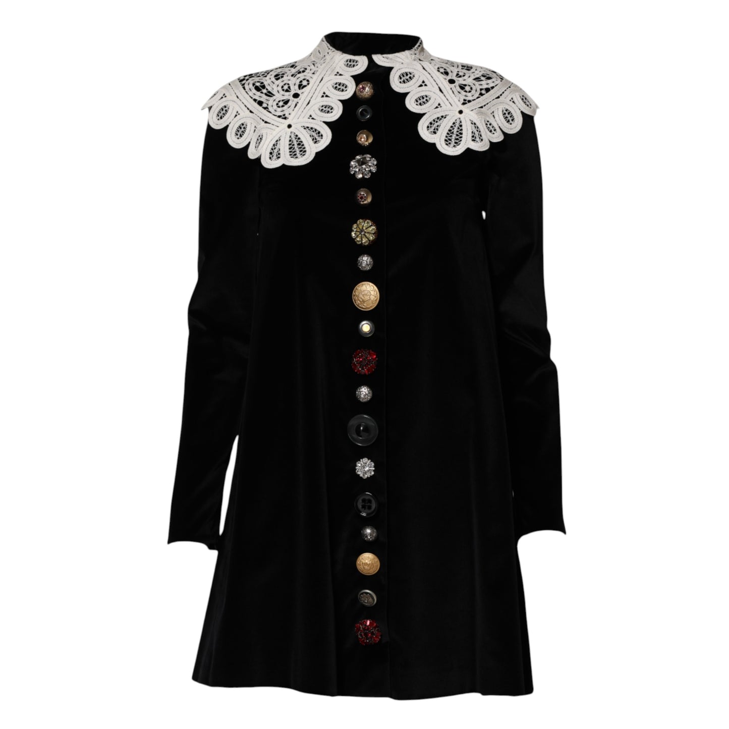 Dolce & Gabbana Schwarzes Kleid mit Spitzenkragen und Verzierungen aus Samt