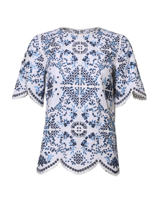 Dolce & Gabbana Blaues Blusentop mit Rundhalsausschnitt und Spitzenösen