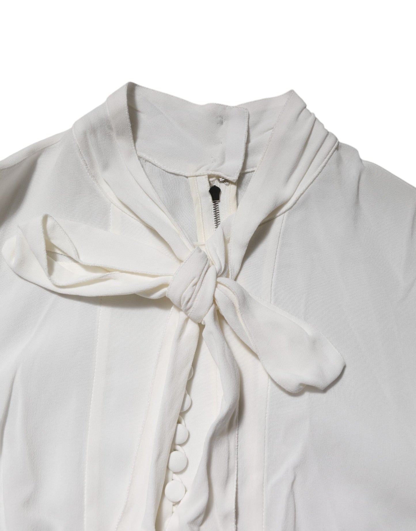 Dolce & Gabbana Weißes Viskose-Top mit Ascot-Kragen und langen Ärmeln