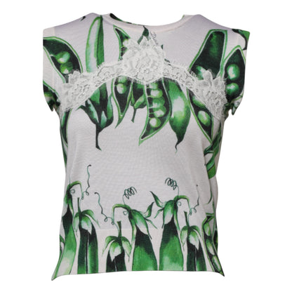 Dolce & Gabbana Weiß Grün Erbsen Print Ärmelloses Blusen Top
