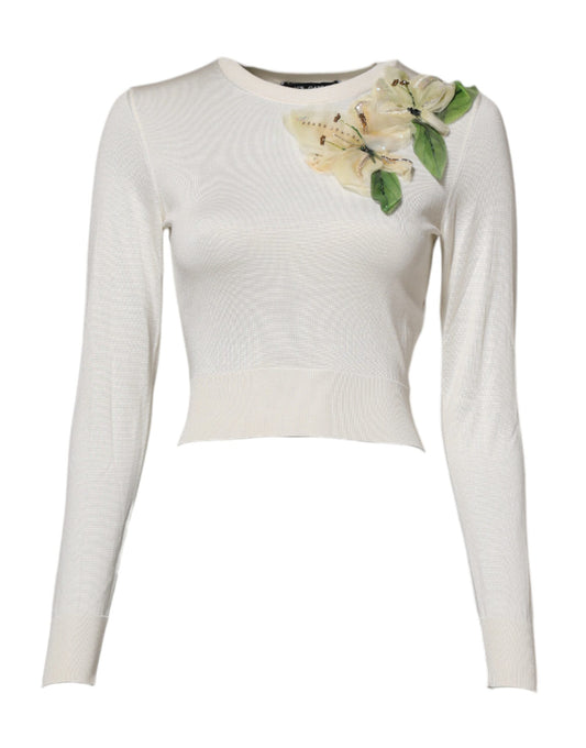 Dolce & Gabbana Weißer Seidenlilien-Pullover mit Verzierungen