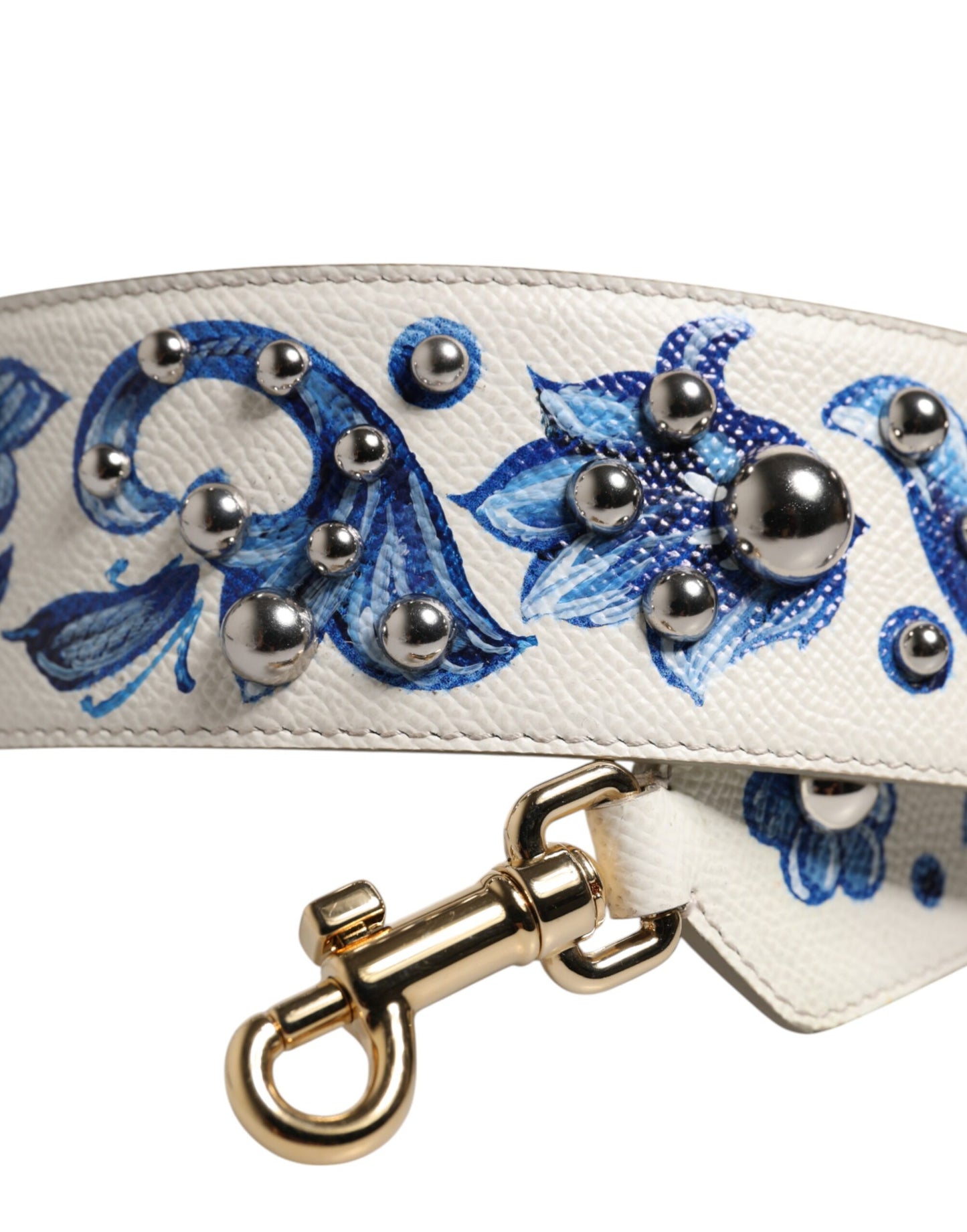 Dolce & Gabbana Weißes blaues geblümtes Leder Nieten Accessoire Schulterriemen