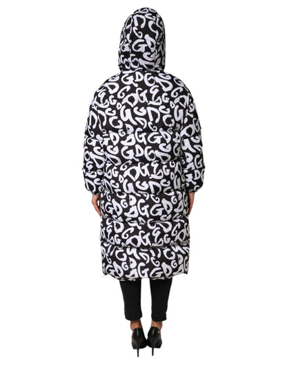 Dolce & Gabbana Schwarz Weiß DG Mania Langer Mantel mit Kapuze Jacke