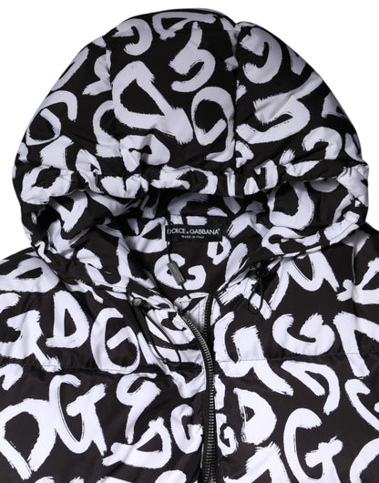 Dolce & Gabbana Schwarz Weiß DG Mania Langer Mantel mit Kapuze Jacke