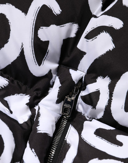 Dolce & Gabbana Schwarz Weiß DG Mania Langer Mantel mit Kapuze Jacke