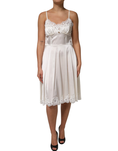 Dolce & Gabbana Weißes DG Logo-Spitzenkleid aus Seide Nachtwäsche