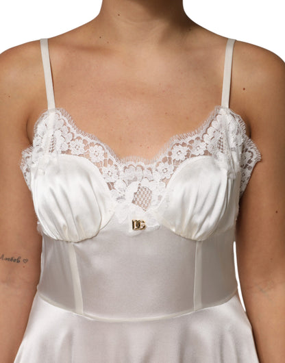 Dolce & Gabbana Weißes DG Logo-Spitzenkleid aus Seide Nachtwäsche