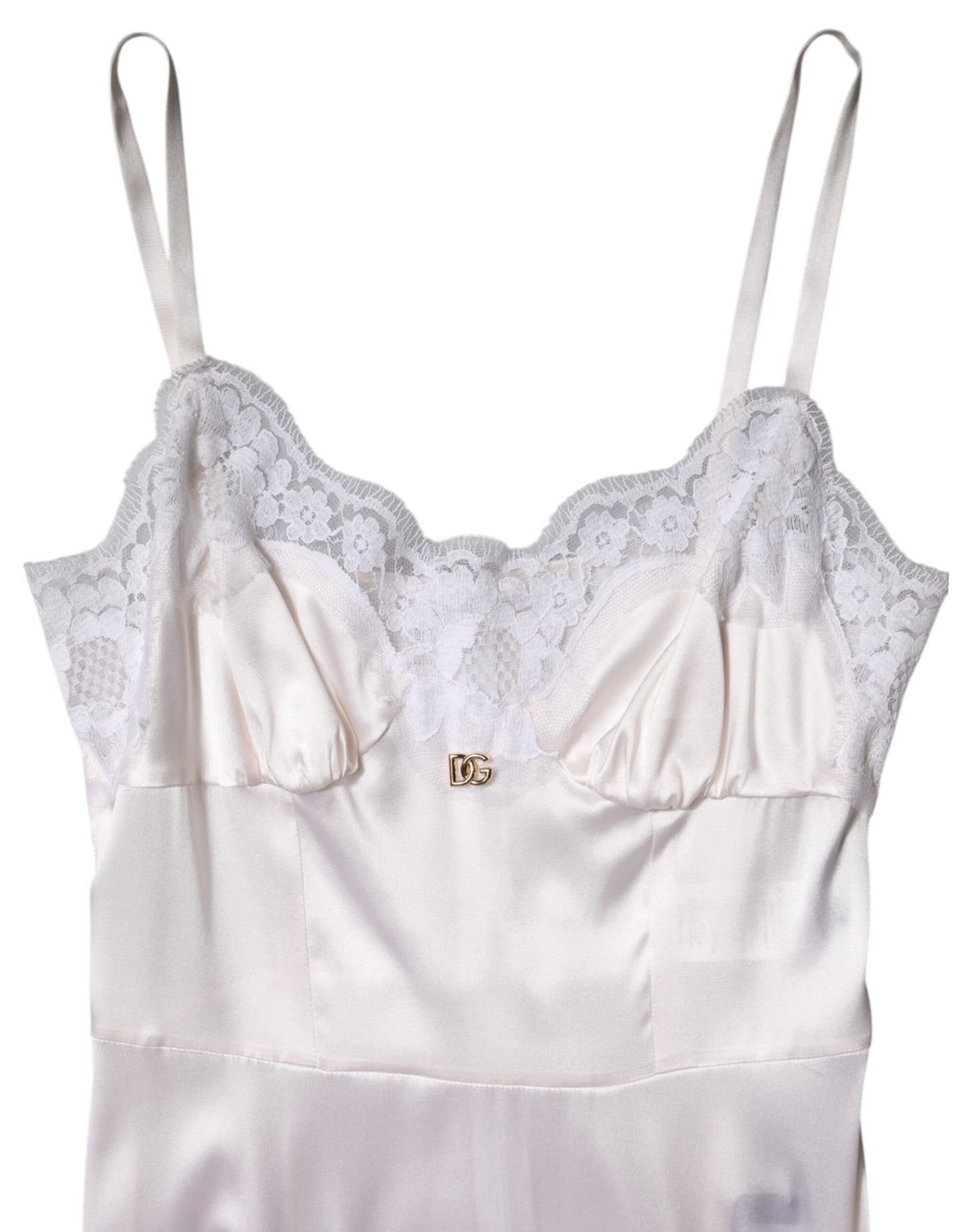 Dolce & Gabbana Weißes Spitzenkleid mit goldenem DG-Logo aus Seide Nachtwäsche