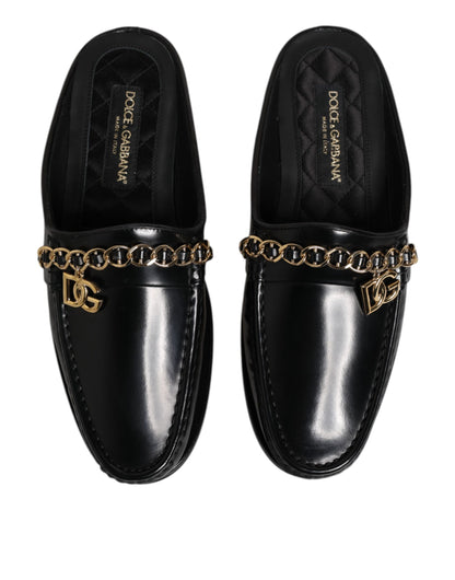 Dolce & Gabbana Schwarze Leder DG Kette verschönert Sandalen Schuhe