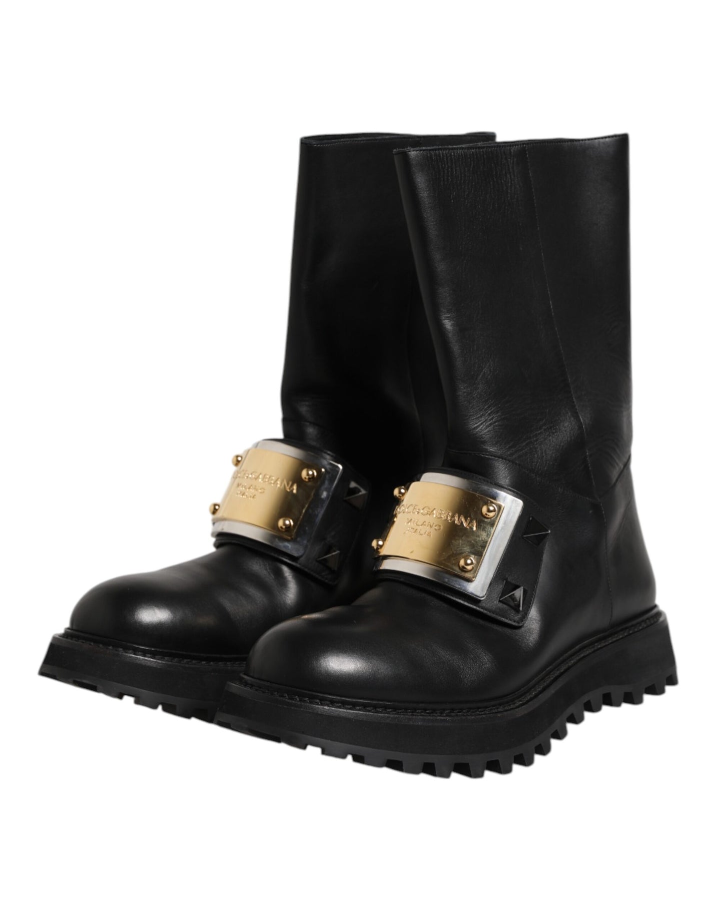 Dolce & Gabbana Schwarze Leder DG Logo Plaque Hohe Stiefel Schuhe