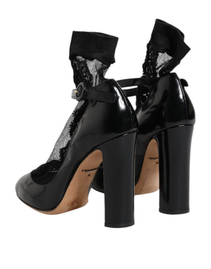 Dolce & Gabbana Schwarz Leder Spitze Socken Heels Pumps Schuhe