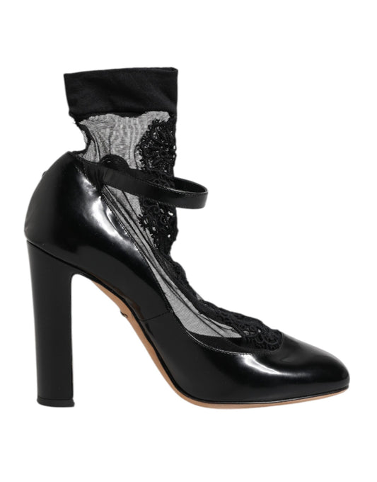 Dolce & Gabbana Schwarz Leder Spitze Socken Heels Pumps Schuhe
