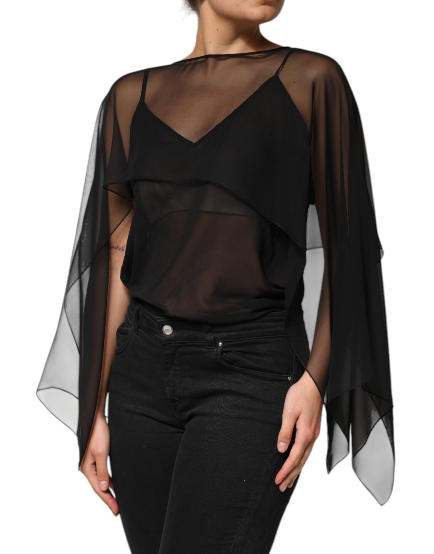 Dolce & Gabbana Schwarzes See-Through-Seiden-Chiffon-Spitzenblusentop