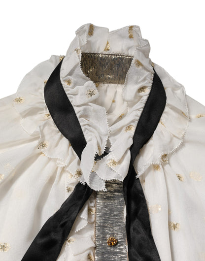 Dolce & Gabbana Weiß Schwarz Seide Langarm Ascot Kragen Top