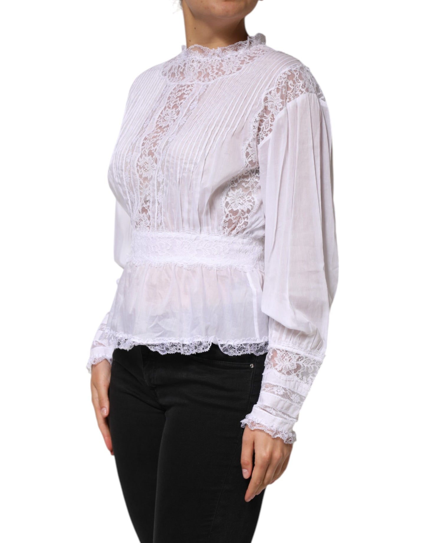 Dolce & Gabbana Weißes Baumwoll-Top mit geblümter Spitze und langen Ärmeln