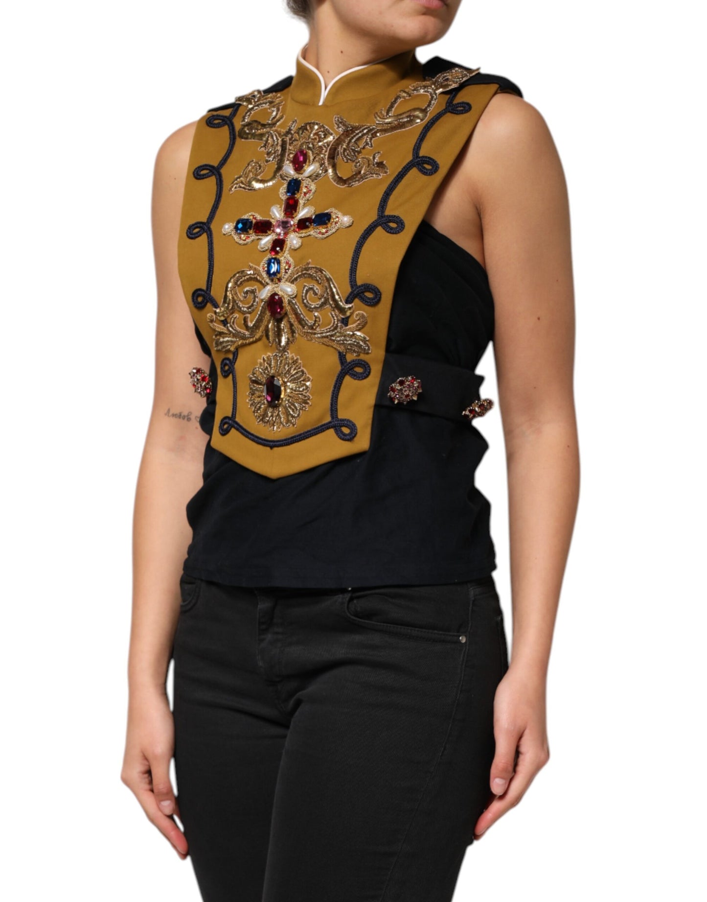 Dolce & Gabbana Gelbe Crystal Cross Runway Weste Jacke Top