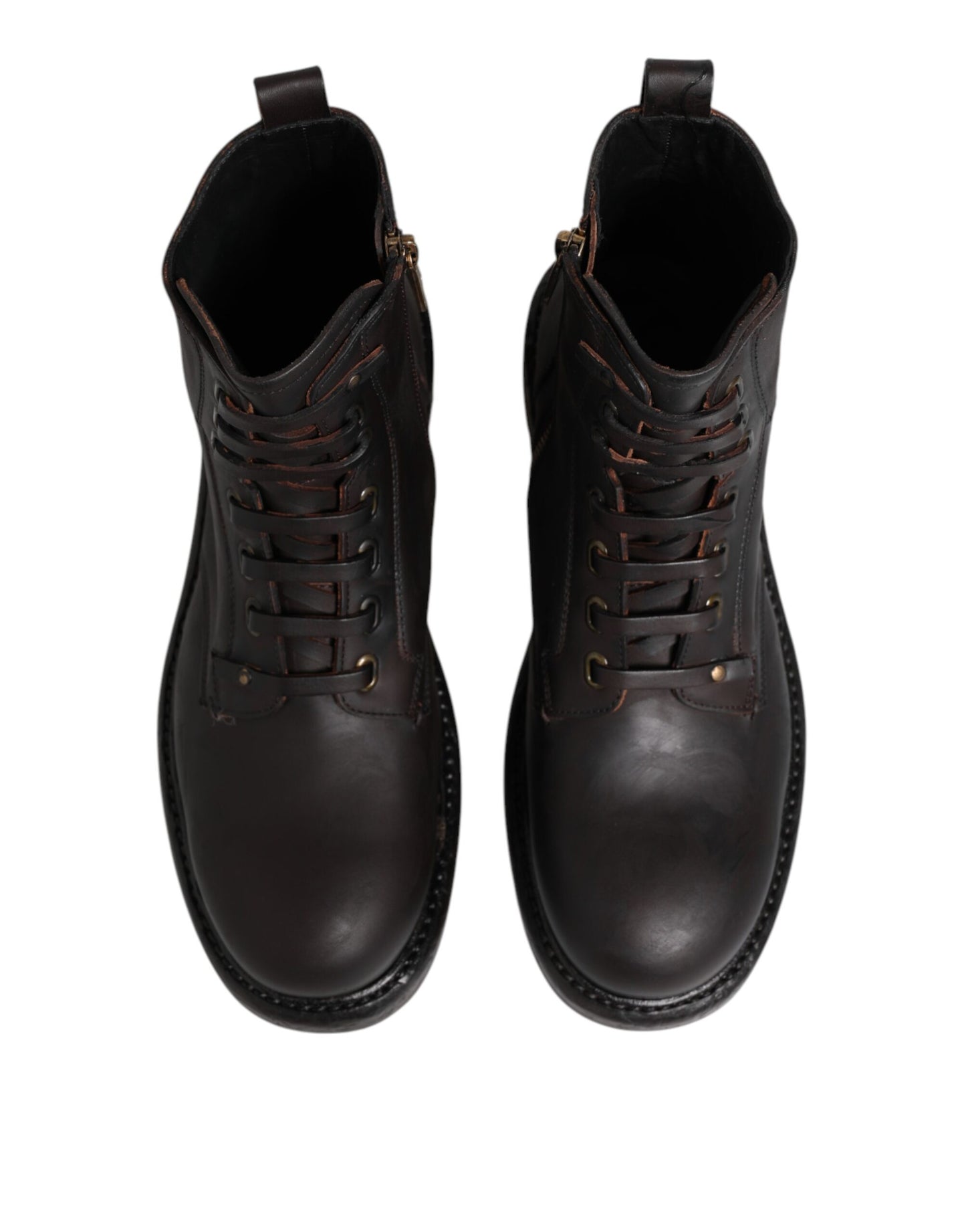 Dolce & Gabbana Dunkelbraune Leder-Schnürstiefel mit mittlerer Wade