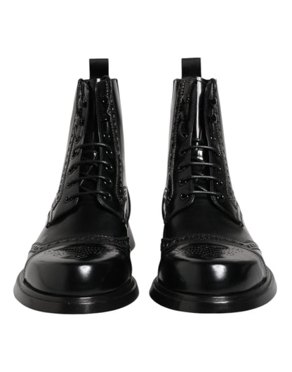 Dolce & Gabbana Schwarze Leder Schnürstiefel mit mittlerer Wade