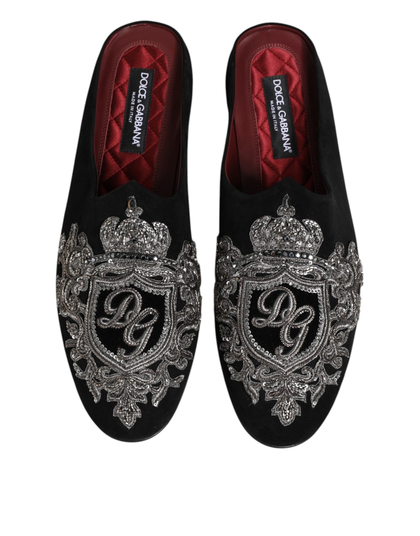Dolce & Gabbana Schwarzer Samt Slides DG Crown Slipper Schuhe