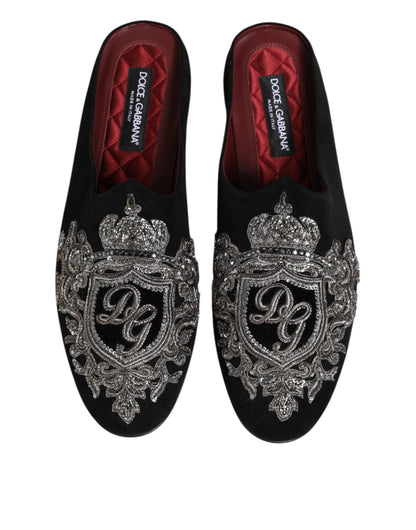 Dolce & Gabbana Schwarzer Samt Slides DG Crown Slipper Schuhe