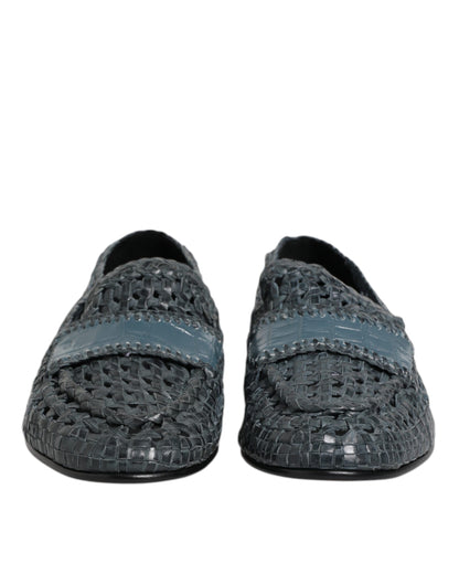 Dolce & Gabbana Blaue gewebte Raffia Slip On Loafers Schuhe