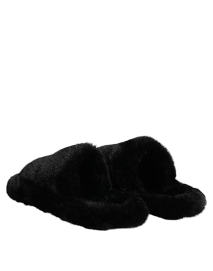 Dolce & Gabbana Schwarz Kunstfell Flats Männer Sandalen Schuhe
