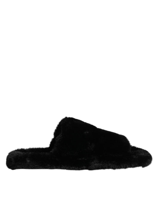 Dolce & Gabbana Schwarz Kunstfell Flats Männer Sandalen Schuhe