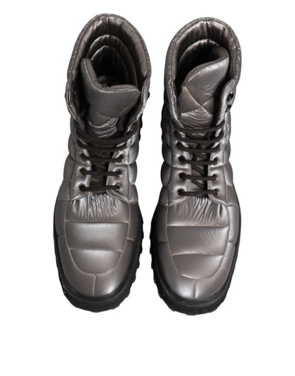 Dolce & Gabbana Silberne gepolsterte Mid Calf Lace Up Stiefel Schuhe